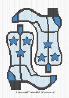 a cross stitch pattern with blue stars and boots on the bottom, as well as an arrow