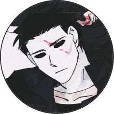 a man with black hair and red eyes is in a circular frame holding his hand up to his head