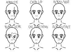 6 bases with scars in different places, a scar across the eye, a scar over the lip, 2 small scars across the nose, a burn scar around the eye, a scar on the forehead, and a scar across almost the entire face Scar Design Drawing, Burn Mark Drawing, Fire Scar Drawing Reference, Arm Scars Drawing Base, Scar Face Drawing, Face Scar Ideas, Burned Skin Drawing, Scar Character Design, Scar Ideas For Characters