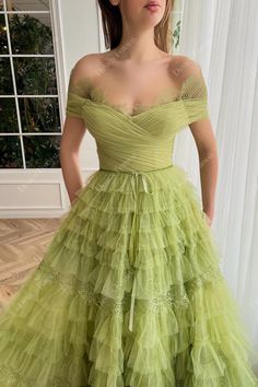 Lime Green Off-shoulder Pleated Luxury Ruffled Tulle Custom Bridal Prom Evening Gown features pleated fitted bodice with scalloped lace trimmed sweetheart neck, open V-back, A-line skirt with court train covered in luxury tiered ruffles. shown color: lime green bra support: with cups boning: yes closure: back zipper lining: fully lined Tea Length Prom Dress, Gown Silhouette, Dream Prom, Green Tulle, Custom Gown, Princess Gown, Prom Dresses For Sale, Ribbon Belt, Lace Homecoming Dresses