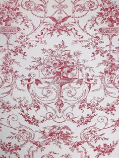 a red and white wallpaper with floral designs