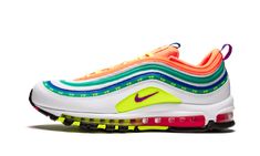 The Nike Air Max 97 “London” is one of the six models from Nike’s “On Air” collection. In 2018, Nike invited locals from London, New York City, Seoul, Paris, Shanghai, and Tokyo to design their own colorways on an Air Max model of their choosing. The finalists were then chosen by the public, with one winning design selected from each city. Representing London is this Air Max 97 by Jasmine Lasode. The colorful look is inspired by romantic summers in the city, specifically, Lasode’s first date wit Yeezy 750, Air Max Plus Tn, Air Shoes, London Summer, Plus Size Bodycon Dresses, Adidas Spezial, Nike Dunk High, Air Jordan 3, Boho Floral Dress