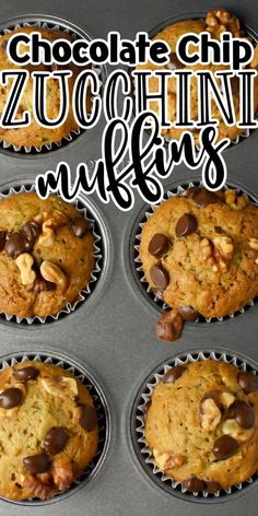 chocolate chip zucchini muffins in a muffin tin with text overlay