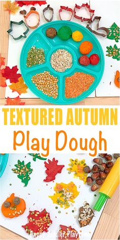 an autumn play dough is shown with the words textured autumn play dough on it