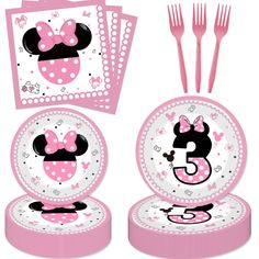 minnie mouse birthday party supplies set with pink and white polka dot plates, napkins and forks