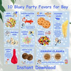 ✨Make Your Bluey Birthday Unforgettable with Our Party Favors Bundle! ✨ ✨Create the perfect Bluey birthday celebration for your little one with our 10 Bluey party favors! Designed to delight every bluey birthday boy, this blue theme bundle includes fun and memorable items that will make your party stand out. ✨These party printables are easy to print, and assemble, making your party planning a breeze. Ensure your bluey birthday boy has a day to remember with our delightful bluey party favors! HOW IT WORKS? ✨Instant Download ✨ PARTY FAVORS SIZE: 8 tags at 3.5"×4" 1 tag at 7"×3.5" 1 tag at 4"×8" ✨PAGE SIZE 8,5"×11" (6 tags on page/ 3 on page/2 on page)  ✨TAGS ARE NOT EDITABLE ✨ Print  ✨ Digital Item Only ✨ No Refund PLEASE NOTE ✨These items are not meant to be resold. They are for your person Bluey Loot Bags, Bluey Birthday Candy Table, Bluey Birthday Party Favor Ideas, Bluey Favor Ideas, Bluey Goodie Bags Favors, Bluey Party Favor Printables Free, Bluey Kids Party, 2nd Birthday Party Bluey, Bluey Third Birthday Boy