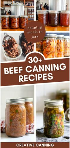 various jars filled with food sitting on top of a counter next to the words, 30 beef