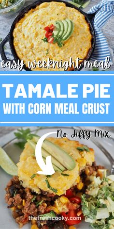 the recipe for tamale pie with corn meal crust is shown in two different images