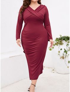 Women‘s Black Dress Cocktail Dress Plus Size Curve Party Dress Bodycon Midi Dress Wine Purple Long Sleeve Ruched Spring Fall Winter V Neck Fashion Winter Dress Birthday Winter Dress Birthday, Cocktail Dress Plus Size, Cocktail Dress Plus, Tight Long Sleeve Dress, Black Dress Cocktail, Larger Size Fashion, Party Midi Dress, Plus Size Chic, Slim Bodycon Dress