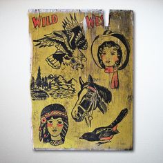 an old wooden sign with pictures of people and animals on it's side, hanging on a wall