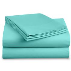 two sheets and one pillowcase are folded on top of each other, in aqua blue