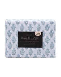 the rachel zoo sheet set in blue and white with an ornate design on it's cover