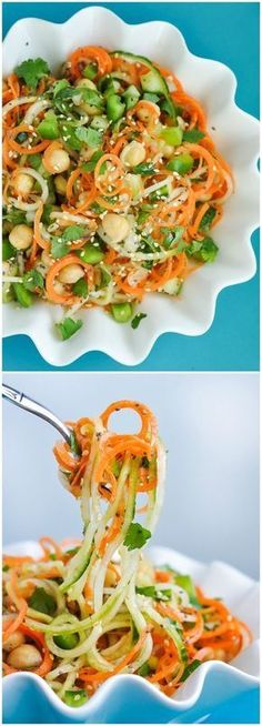 two pictures showing the process of making a salad with carrots and cashews