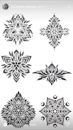 six different designs in black and white, each with an intricate design on the side