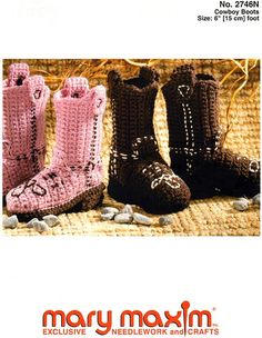 Use Mary Maxim Worsted Weight yarn to crochet a pair of cowboy boots. This is a downloadable (non paper) pattern. For questions about yarn requirements, please contact us. After your purchase, you may download the pattern from your account. Cowboy Boots Pattern, Boot Toppers Pattern, Crochet Cowboy Boots, Crochet Boots Pattern, Cowboy Crochet, Boots Pattern, Quick Crochet Projects, Mary Maxim, Boot Toppers