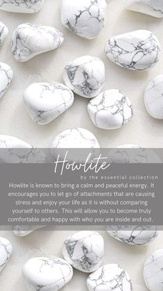 Howlite tumbled crystals on a white marble background. Text that reads Howlite is known to bring a calm and peaceful energy. It encourages you to let go of attachments that are causing stress and enjoy your life as it is without comparing yourself to others. This will allow you to become truly comfortable and happy with who you are inside and out. Howlite Crystal Meaning, Crystals And Stones For Beginners, Calm Fits, Howlite Crystal, Peaceful Energy, Bad Temper, Crystal Vibes, Crystal Aesthetic