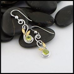 Leafy Peridot Drop Earrings Summer To Fall, Gold Leaves, Peridot Gemstone