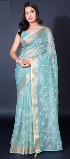 Blue color Saree in Organza Silk fabric with Embroidered, Sequence, Thread work Blue Saree With Resham Embroidery In Organza, Blue Traditional Organza Saree, Blue Organza Saree With Sheer Dupatta, Light Blue Organza Saree, Blue Organza Saree With Cutdana Detail, Engagement Reception, Reception Lehenga, Waist Chain, Traditional Sarees