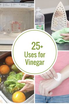 four pictures with the words 25 uses for vinegar