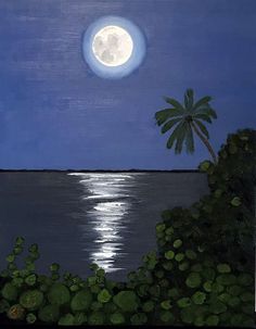 a painting of a full moon over the ocean with palm trees and water in the foreground