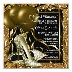 a gold high heel shoe and balloons birthday party card with glitter on the bottom, in front of a black background