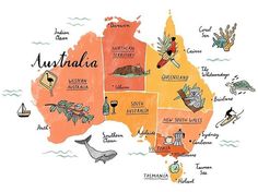 an illustrated map of australia with all the main things to see and do in it