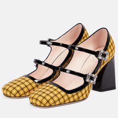 Step out in style with these Women's Yellow Checkered Crystal Buckle Mary Janes High Heels Shoes. The vibrant yellow checkered pattern and crystal buckle add a touch of elegance and flair to any outfit. Color: Yellow Heel Type: Block heel Heel height: 3.35" / 85 mm approx Product measurements were taken using size 8. Please note that measurements may vary by size. Toe: Square toe Adjustable double strap design Faux crystal buckle embellishment Handcrafted US sizing. Fits true to size. Yellow Checkered, Roger Vivier Shoes, Mary Jane High Heels, Yellow Heels, Designer Pumps, High Heels Shoes, Yellow Shoes, Yellow Plaid, Roger Vivier