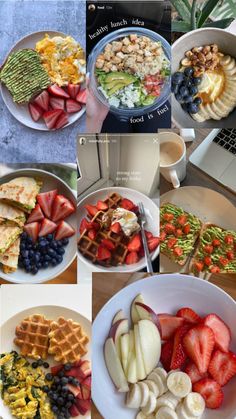 several pictures of different types of food on plates and in bowls, including waffles