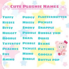 a pink teddy bear sitting on top of a star shaped sign with the words cute pushie names