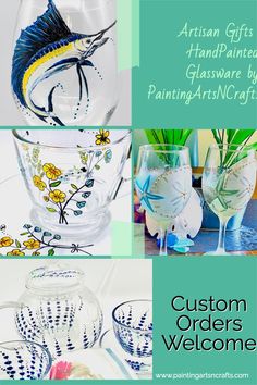 glassware with flowers and birds painted on them is featured in the article artisan gifts handpainted glassware by painting - arts / crafts