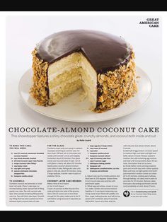 a chocolate - almond coconut cake on a white plate with the words'chocolate - almond coconut coconut cake '