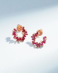 Suzanne Kalan Bold Burst Ruby Sideways Mini Hoops in 18k rose gold Luxury Red Baguette Diamond Jewelry, White Diamonds, 18k Rose Gold, Diamond White, Ruby, Diamonds, Sparkle, Yellow Gold, Rose Gold