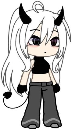 an anime character with horns on her head and long hair, wearing grey pants and black shirt