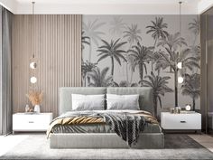 a bedroom with palm trees painted on the wall and carpeted floor, along with two nightstands