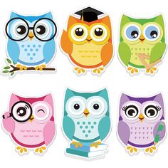 four colorful owls with graduation hats and glasses