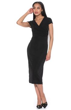 A draped bodice elevates the simple and sophisticated silhouette of this stretchy sheath dress. 45.5" length (size X-Small) V-neck Cap sleeves 93% polyester, 7% spandex Machine wash cold, lay flat to dry Imported Model stats: 5'10", 32" bust, 25" waist, 36" hip. Model is wearing size X-Small. Elegant Stretch V-neck Evening Dress, Formal Fitted Bodycon Dress With Surplice Neckline, Formal Bodycon Dress With Surplice Neckline, Solid Color Fitted Draped Dress, Stretch Evening Dress With Surplice Neckline, Fitted Surplice Neckline Bodycon Dress, V-neck Midi Dress With Ruched Bodice For Work, Fitted Bodycon Dress With Surplice Neckline, Elegant Fitted Bodycon Dress With Surplice Neckline