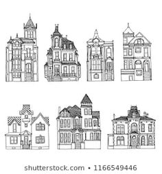 a set of nine different houses drawn in black and white