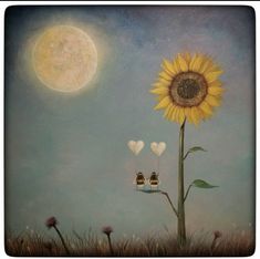 a painting of two birds sitting on a sunflower in front of a full moon