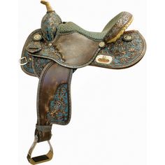 a brown and blue saddle with a bird on it