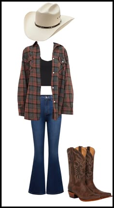 Western Flair Outfit, Cowgirl Outfits Flannel, Casual Cowgirl Outfits Simple, Hoedown Throwdown Outfit, Cowgirl Outfits With Flannel, Flannel Country Outfits, Western Wear Outfits Summer, Flannel Cowgirl Outfits, Indie Cowgirl Aesthetic