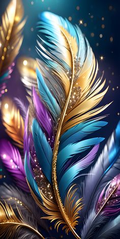 colorful feathers on a dark background with gold glitters and sparkles in the sky