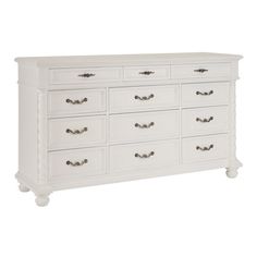 a white dresser with many drawers and handles