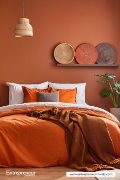 Burnt Orange and Terracotta bedroom color Bedroom Inspirations Master Color Schemes Orange, Bedroom Inspirations Master Color Schemes, Orange Boho Bedroom, Colors With Gray, Orange Bedroom Ideas, Burnt Orange Bedroom, Light Grey Bathrooms, Bedroom Inspirations Master, Fall Decor Bedroom