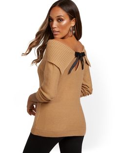 Bow Back, Petite Fashion, Bow Detail, Cable Knit, Fabric Care, Ribbed Knit, Off The Shoulder, Knitted Sweaters, Perfect Fit