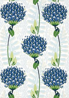 blue flowers on a white background with green leaves