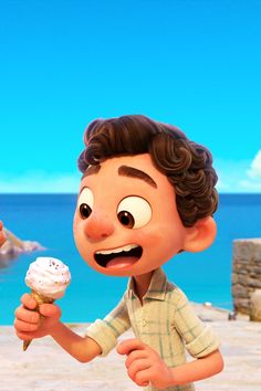 a cartoon character holding an ice cream cone in front of the ocean with his mouth open