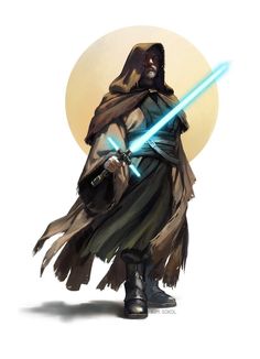 a star wars character with a blue light saber in his hand and an orange sun behind him