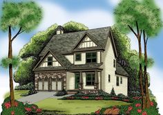 this is an artist's rendering of a house in the country style with lots of windows