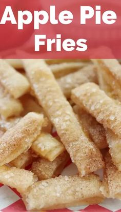 apple pie fries on a red and white checkered paper plate with text overlay