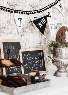 a football themed party with food and decorations